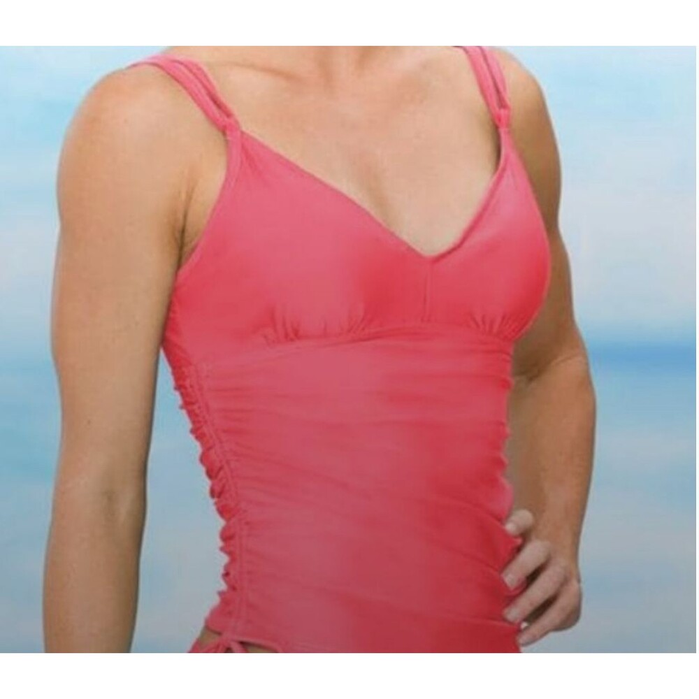 Athleta Tankini Swim Top Sz 32 B/C Shirred Underwire Bra Cup Strappy Coral Pink